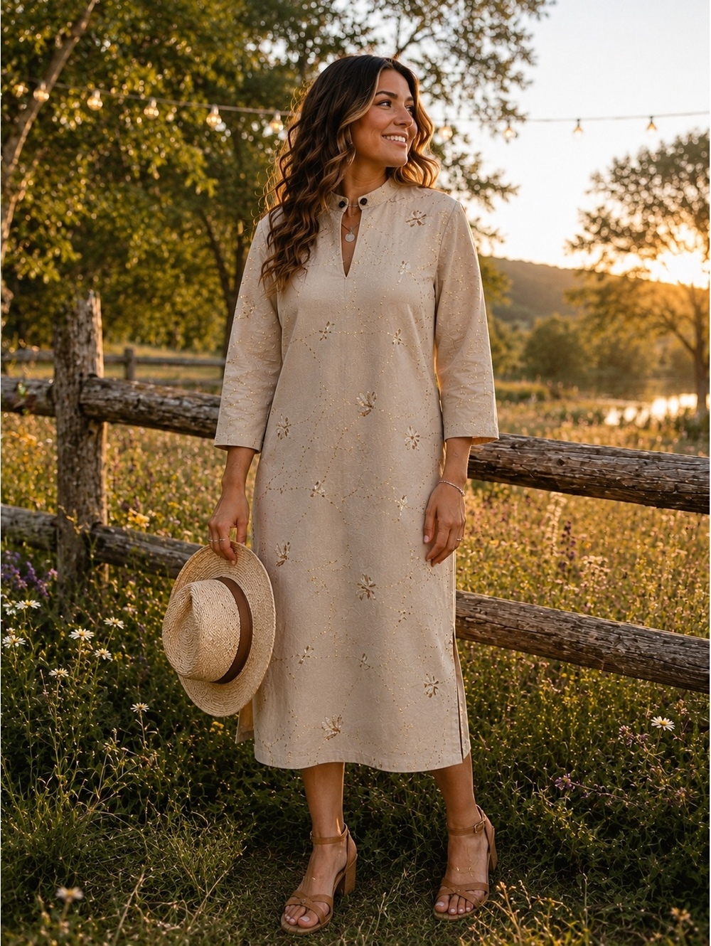 Beige Embroidered Linen Midi Dress with Sequin Detail